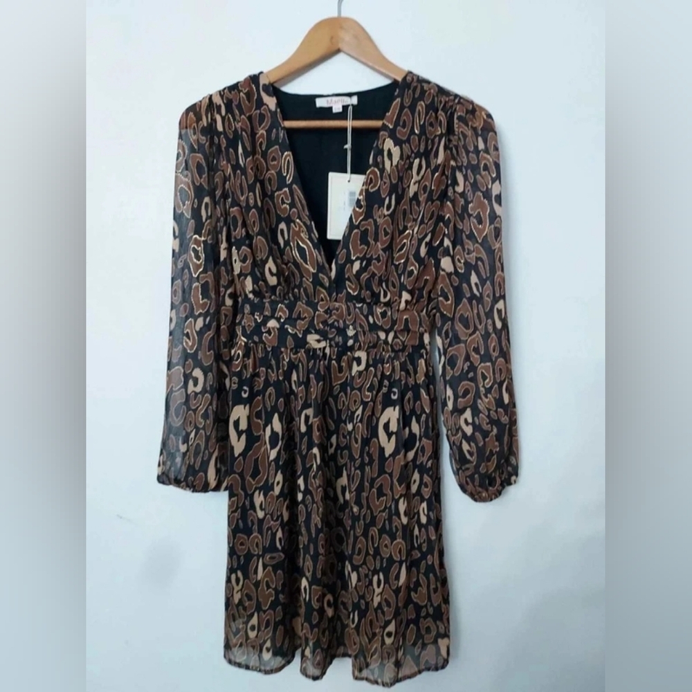 Leopard Print V-Neck Long Sleeve Dress - Black & Brown